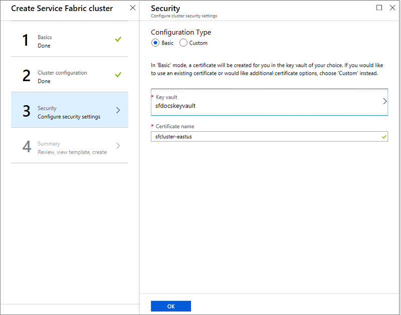 A captura de tela mostra o painel Criar cluster do Service Fabric com a opção Segurança selecionada como mostrado anteriormente, mas sem a explicação de que o cofre de chaves não está habilitado.