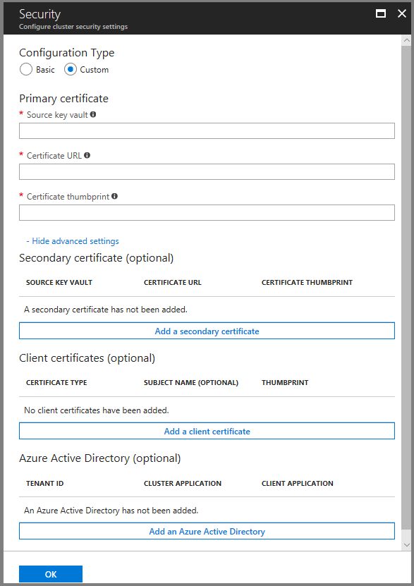 A captura de tela mostra o painel de Segurança e a caixa de diálogo de configurações de segurança do cluster.