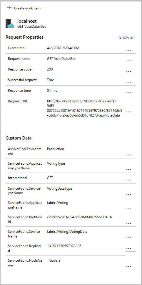 Captura de tela que mostra os detalhes adicionais, incluindo dados específicos do Service Fabric que são coletados no pacote NuGet do Service Fabric do Application Insights.