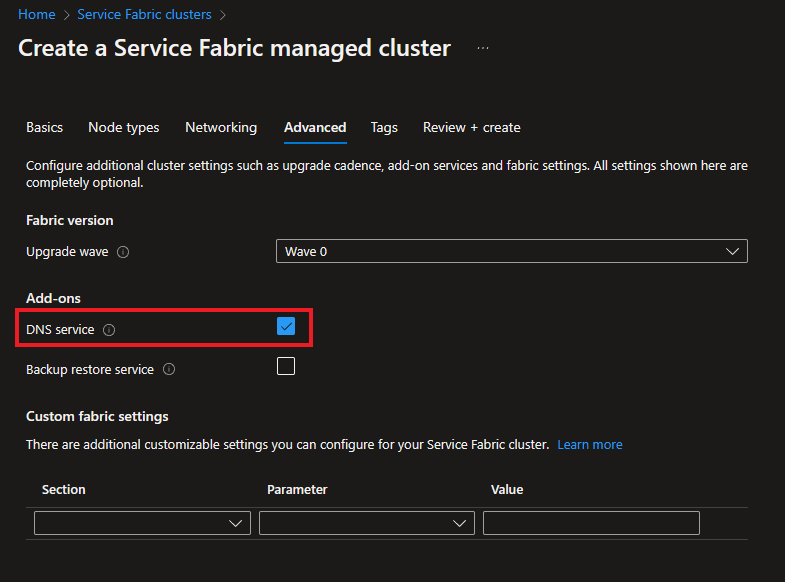 Captura de tela da habilitação do serviço DNS para um cluster gerenciado por meio do portal.