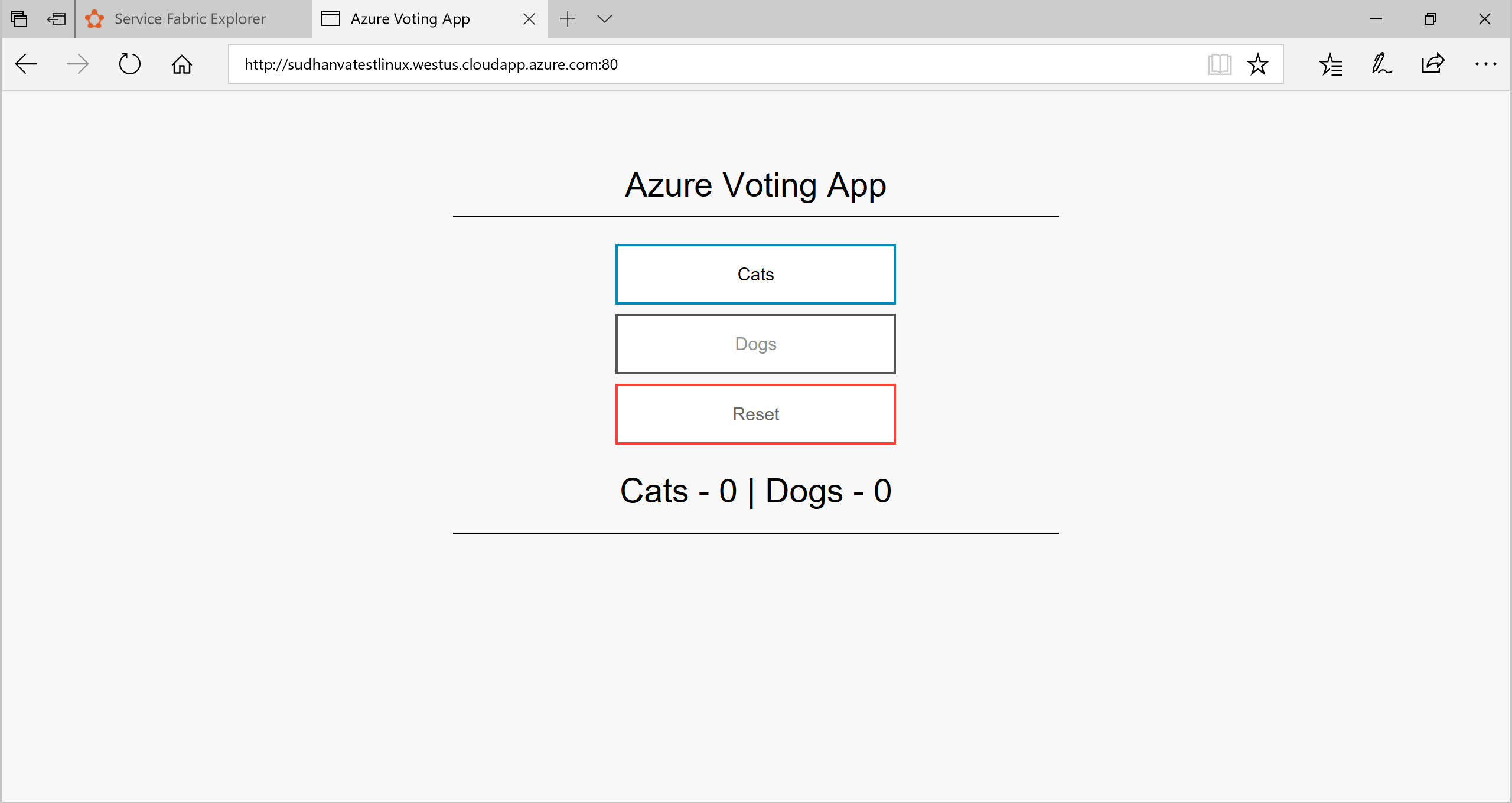 A captura de tela mostra o aplicativo Azure Voting com os botões Gatos, Cachorros, Redefinir e Totais.