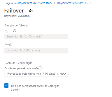 Página de configurações de failover