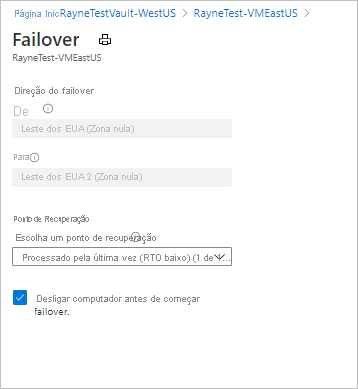 Página de configurações de failover