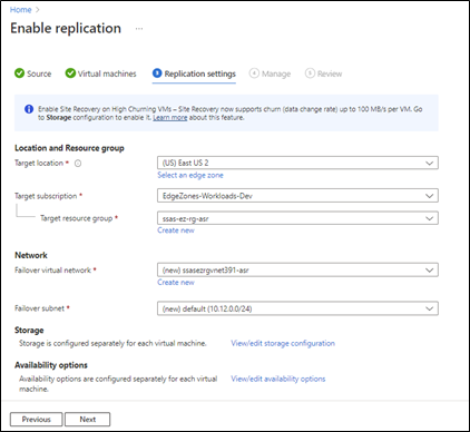 Captura de tela da guia Configurações de replicação.