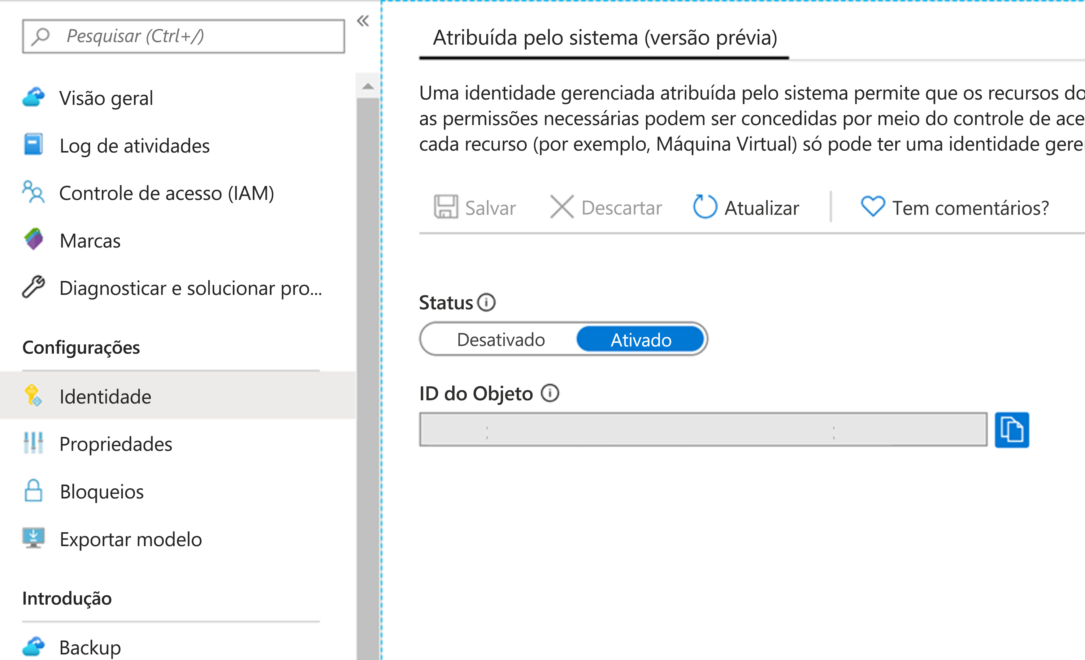 Captura de tela que mostra a página de configurações de identidade.