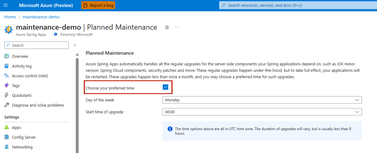 Captura de tela do portal do Azure que mostra a página de manutenção planejada com a caixa de seleção Escolha o horário preferido realçada.