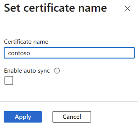 Captura de tela da caixa de diálogo Definir nome do certificado do portal do Azure.