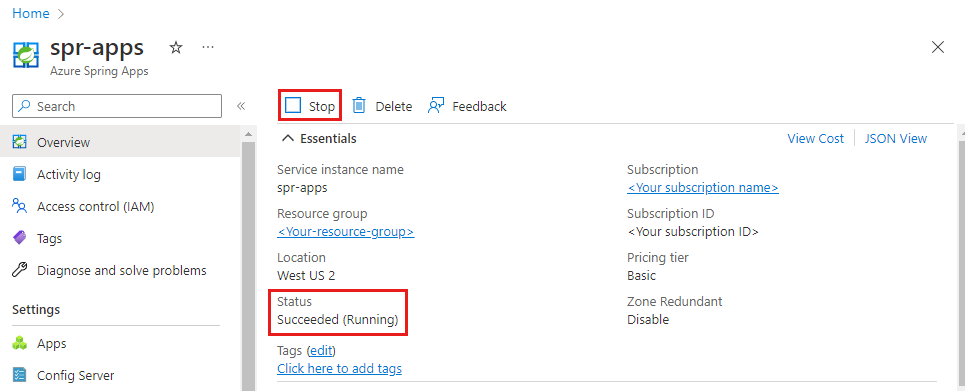 Captura de tela do portal do Azure mostrando a página de visão geral do Azure Spring Apps com o botão Parar e o valor de Status realçados.