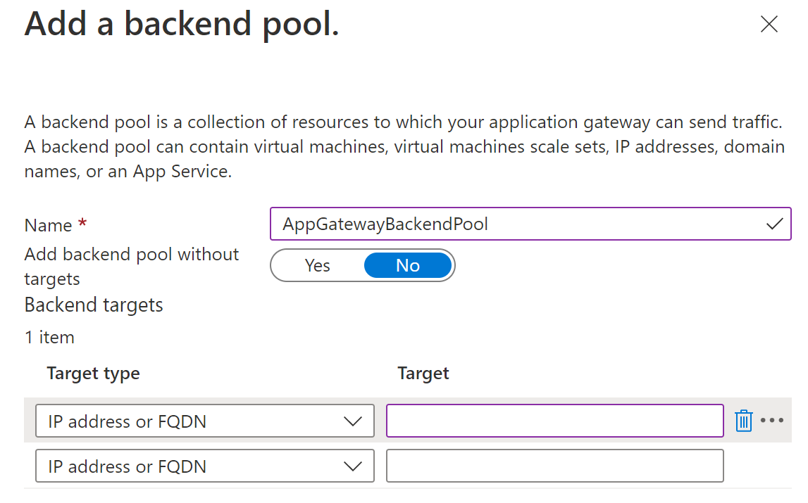 Captura de tela da página 'Adicionar um pool de back-end' no portal do Azure.