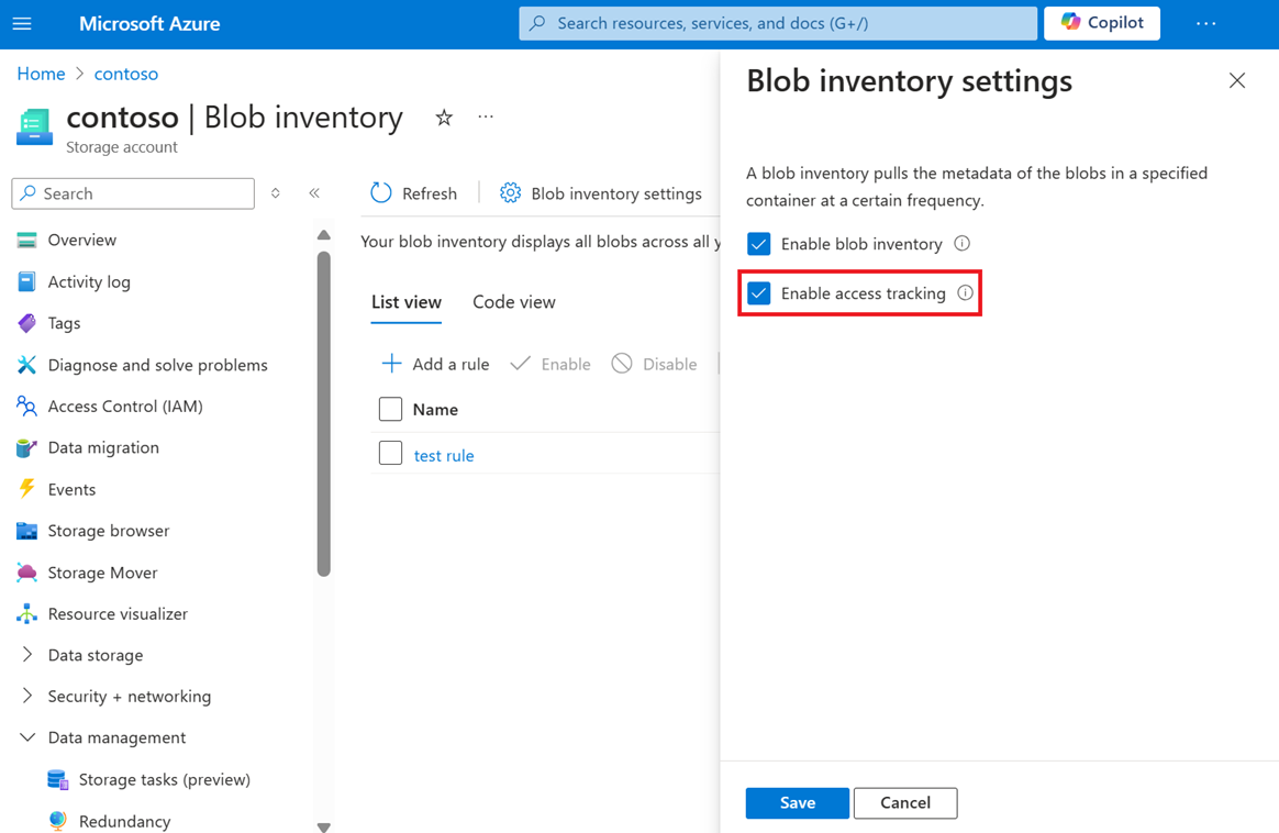 Captura de tela mostrando como habilitar o último controle de tempo de acesso das configurações de inventário de blob usando o portal do Azure.