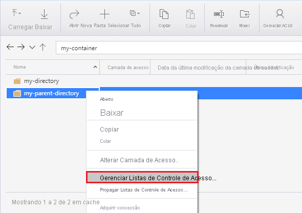 Clicando com o botão direito do mouse em um diretório no Gerenciador de Armazenamento do Azure