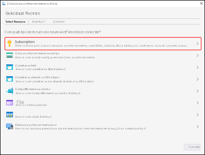 Captura de tela que mostra o painel Gerenciador de Armazenamento do Microsoft Azure – Painel Selecionar recurso