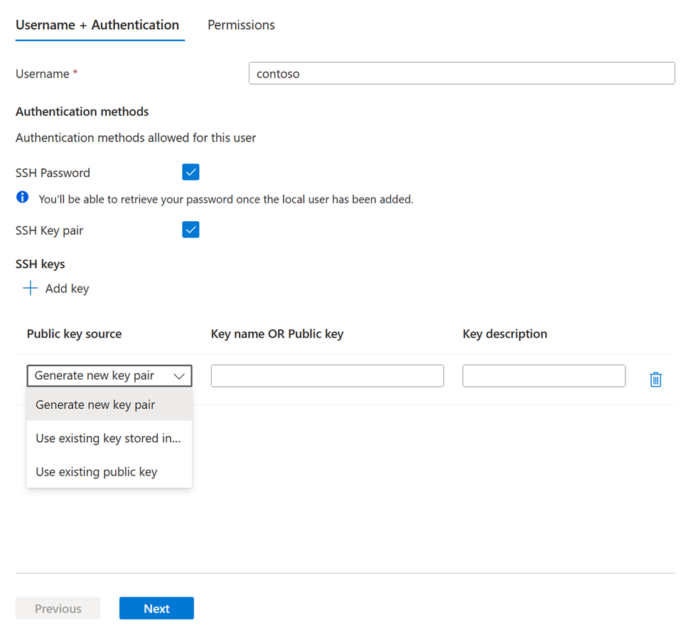 Captura de tela do painel de configuração de usuário local.