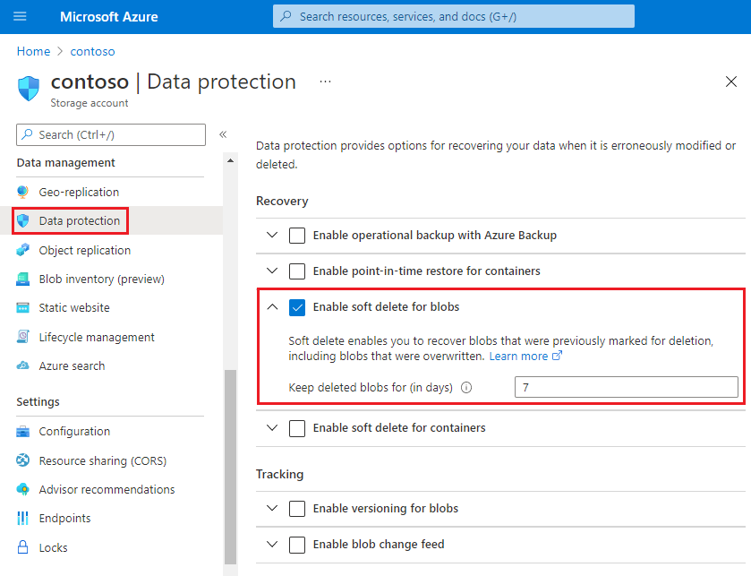 Captura de tela mostrando como habilitar a exclusão temporária no portal do Azure