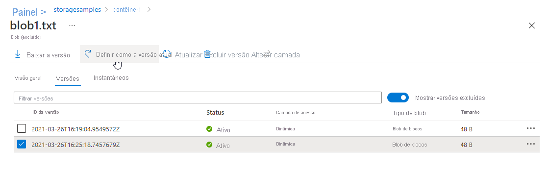 Captura de tela mostrando como promover uma versão para restaurar um blob no portal do Azure