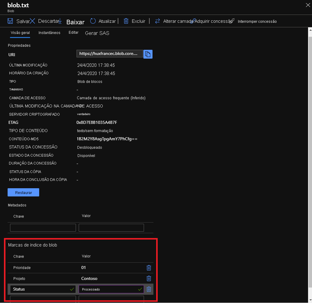 Captura de tela do portal do Azure mostrando como obter, definir, atualizar e excluir marcas de índice em blobs.