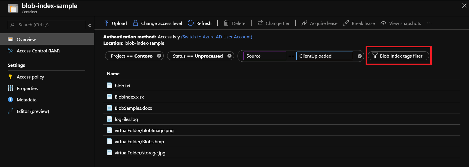 Captura de tela do portal do Azure mostrando como filtrar e localizar blobs marcados usando marcas de índice