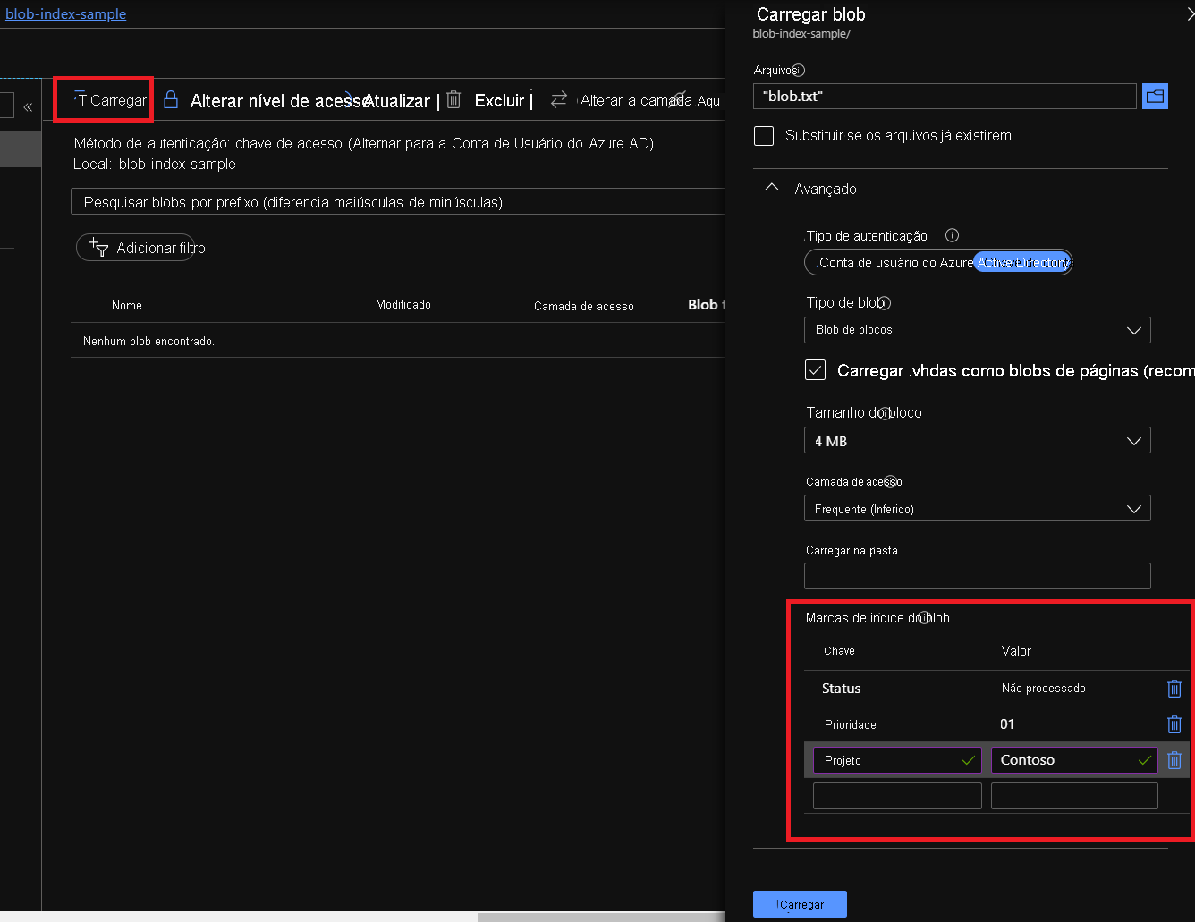 Captura de tela do portal do Azure mostrando como carregar um blob com as marcas de índice.