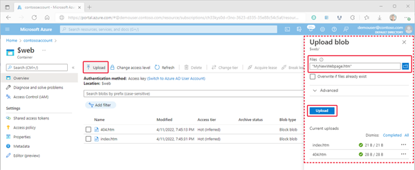 Imagem mostrando como carregar arquivos no contêiner de armazenamento do site estático