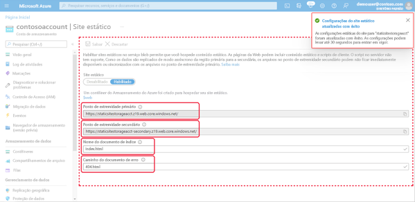 Imagem mostrando as propriedades do site estático no portal do Azure