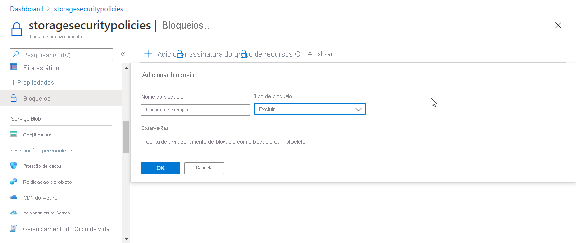 Screenshot showing how to lock a storage account with a CannotDelete lock