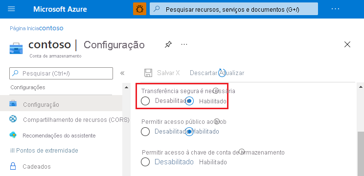 Painel do menu da conta de armazenamento