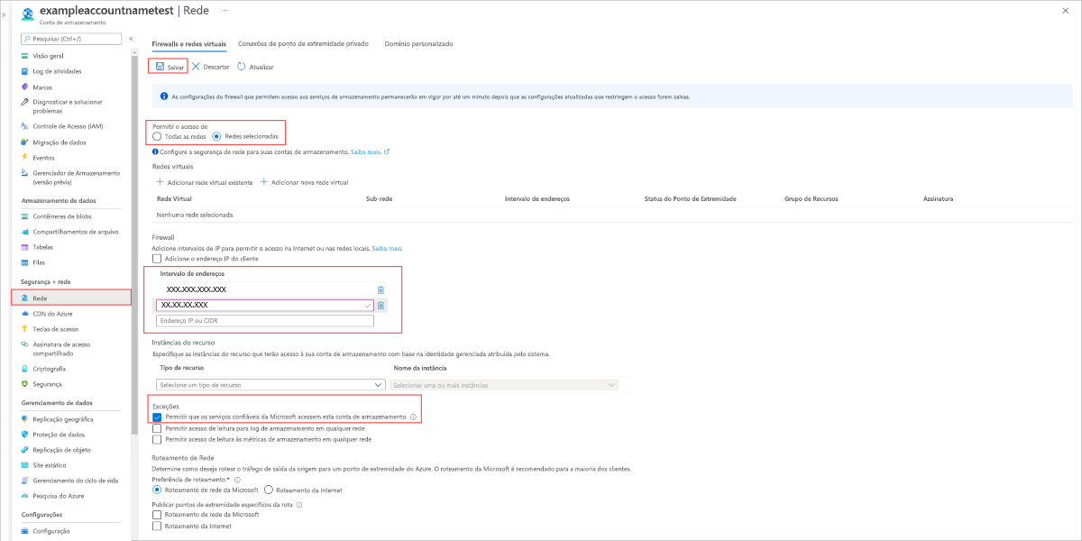 Definir configurações de rede virtual e de firewall para trabalhar com a Sincronização de Arquivos do Azure