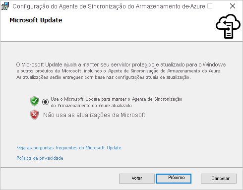 Certifique-se de que o Microsoft Update está habilitado no painel do Microsoft Update do instalador do agente de Sincronização de Arquivos do Azure.