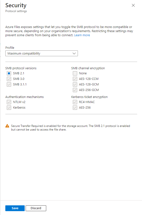 Uma captura de tela mostrando a caixa de diálogo para alterar as configurações de segurança SMB para versões de protocolo SMB, criptografia de canal SMB, mecanismos de autenticação e criptografia de tíquete Kerberos.