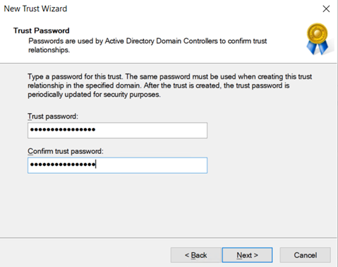 Captura de tela do console de Confiança e Domínios do Active Directory que mostra como inserir uma senha para a relação de confiança.