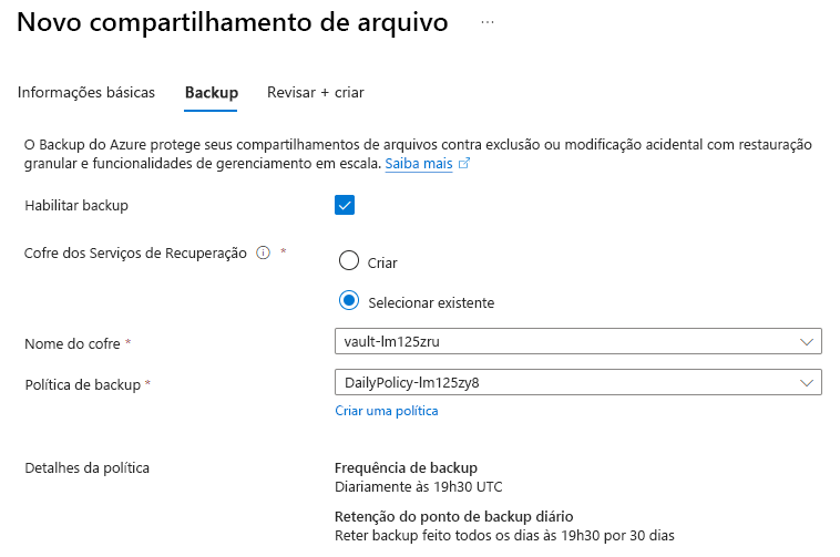 Captura de tela mostrando como habilitar ou desabilitar o backup de compartilhamento de arquivos.