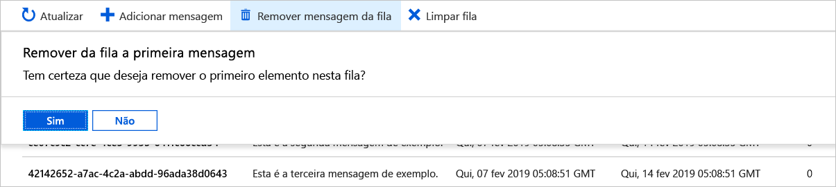 Captura de tela mostrando como remover uma mensagem da fila no portal