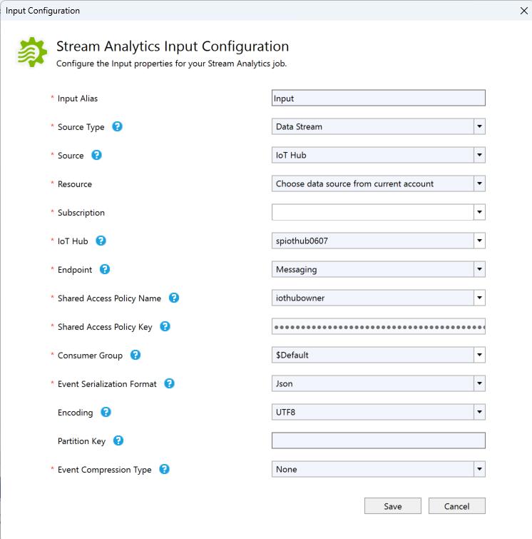 Captura de tela mostrando a página Configuração de Entrada do Stream Analytics.