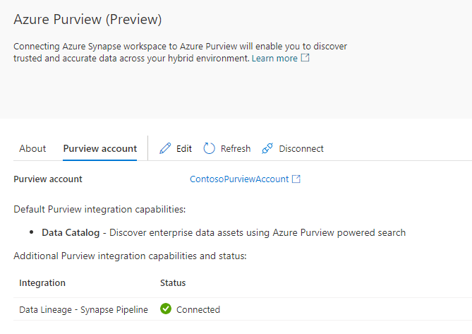 Captura de tela do monitoramento do status de integração entre o Azure Synapse e o Microsoft Purview.