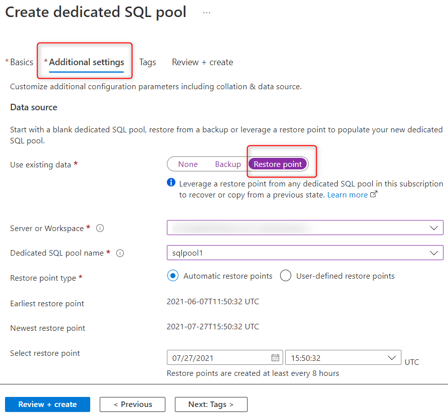 Restaurar o pool de SQL