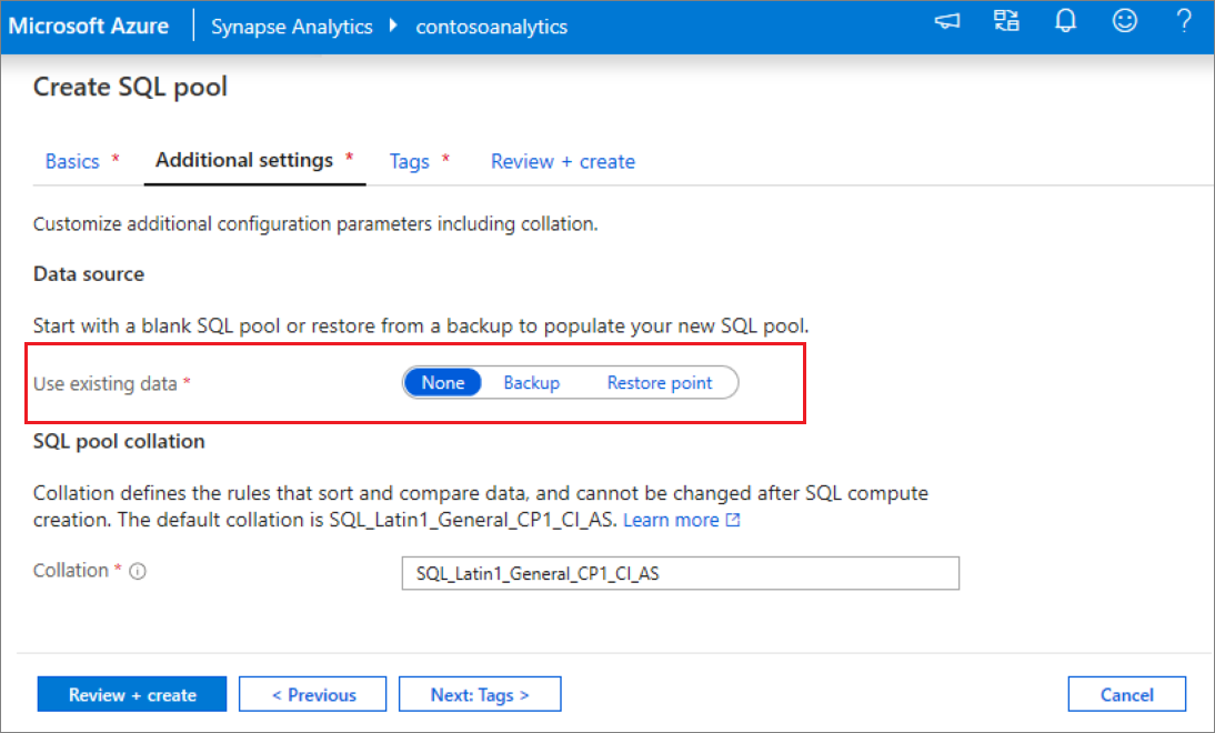 Uma captura de tela do fluxo de criação do pool de SQL – Guia Configurações adicionais.