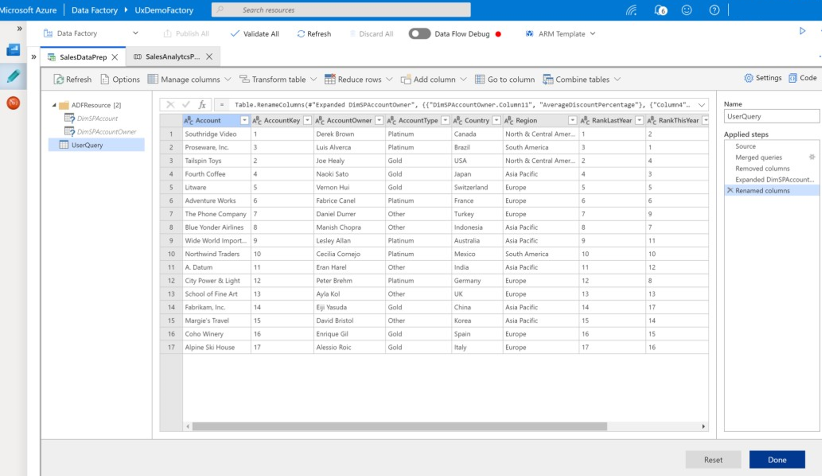 Captura de tela de um exemplo de fluxos de dados de estruturação do Data Factory.