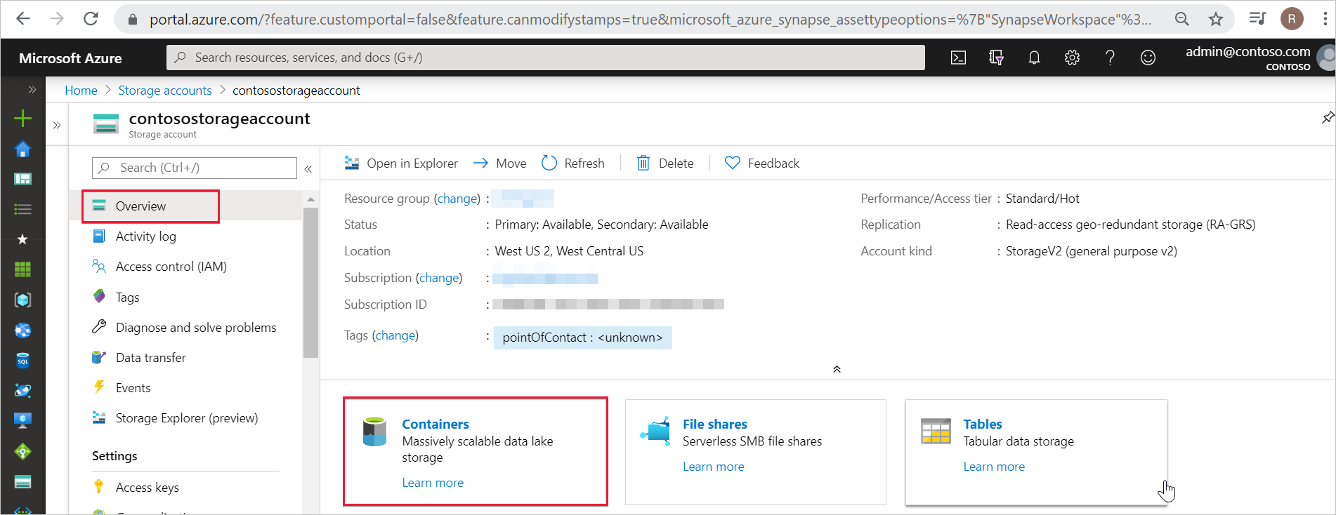 Captura de tela do portal do Azure com a visão geral da conta de armazenamento do ADLS Gen2.