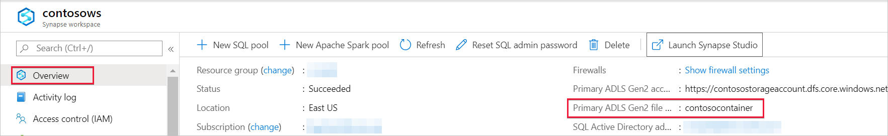 Captura de tela do portal do Azure mostrando o nome do arquivo de armazenamento 'contosocontainer' do ADLS Gen2.