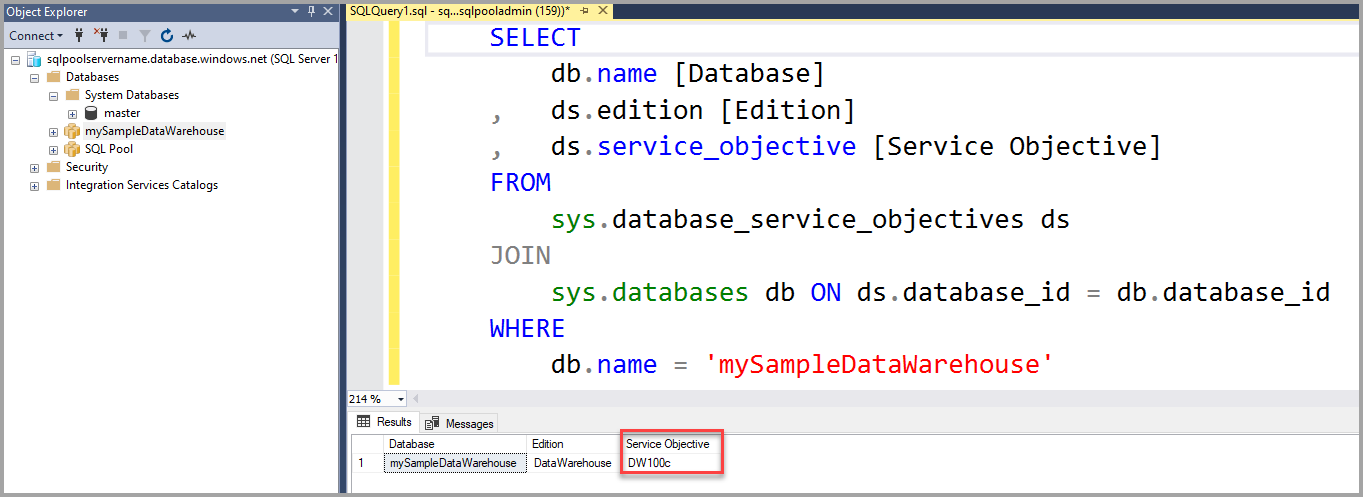 Uma captura de tela do conjunto de resultados do SQL Server Management Studio mostrando o DWU atual na coluna Objetivo do Serviço.