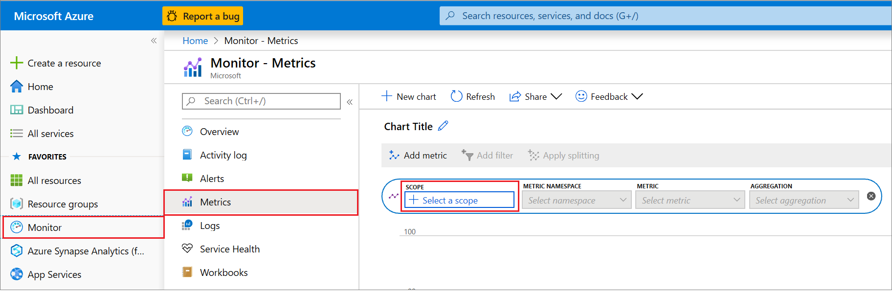 A captura de tela mostra Selecionar um escopo selecionado em Métricas no portal do Azure.