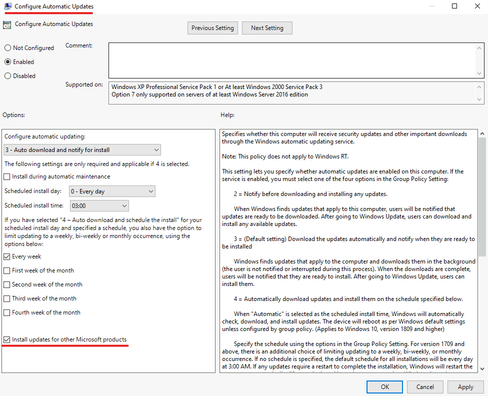 Captura de tela da seleção ou desmarcação da instalação de atualizações para outros produtos da Microsoft no Windows Server 2022.