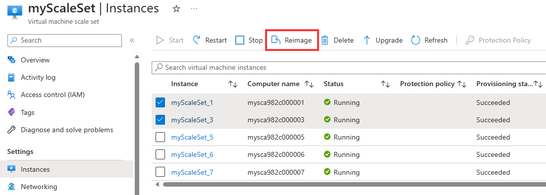 Captura de tela mostrando a recriação de imagens de instâncias do conjunto de dimensionamento usando o portal do Azure.