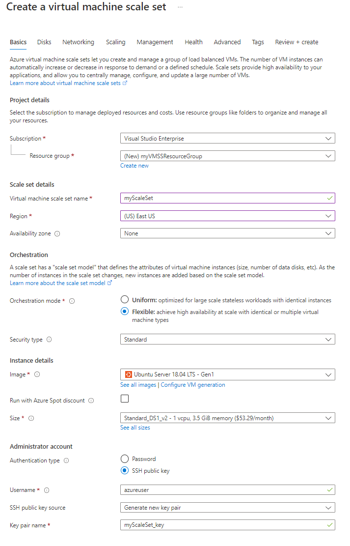 Uma captura de tela da guia Básico no portal do Azure durante o processo de criação do Conjunto de Dimensionamento de Máquinas Virtuais.