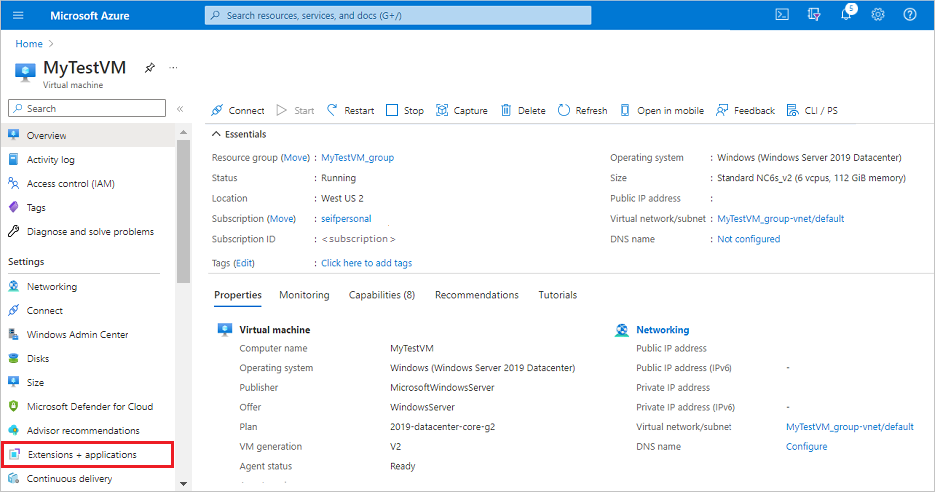 Captura de tela mostrando como selecionar Extensões + Aplicativos para uma máquina virtual no portal do Azure.