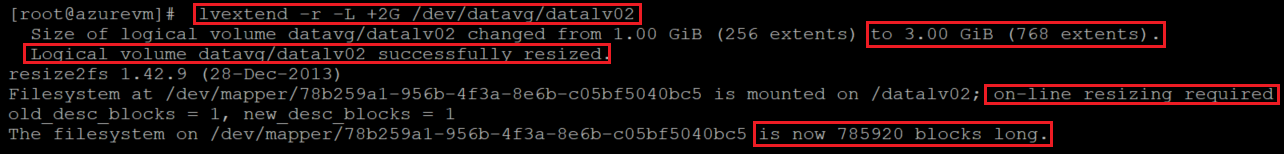 Captura de tela mostrando o código que aumenta o tamanho do volume lógico com o comando e os resultados destacados.