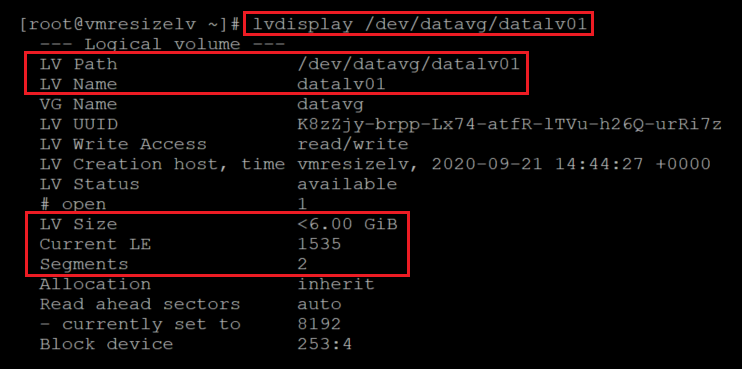 Captura de tela mostrando o código que verifica o novo tamanho do volume local com os resultados destacados.