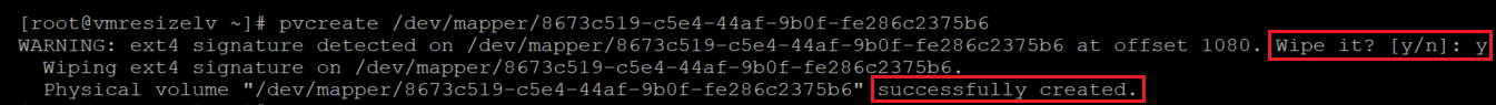 Captura de tela mostrando o código que cria um volume físico na camada criptografada com os resultados destacados.