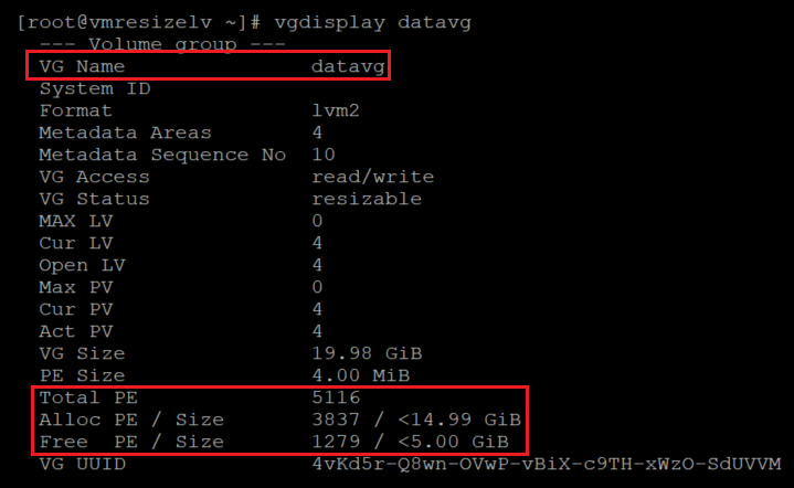 Captura de tela mostrando o código que verifica o tamanho e o espaço livre do grupo de volumes com os resultados destacados.