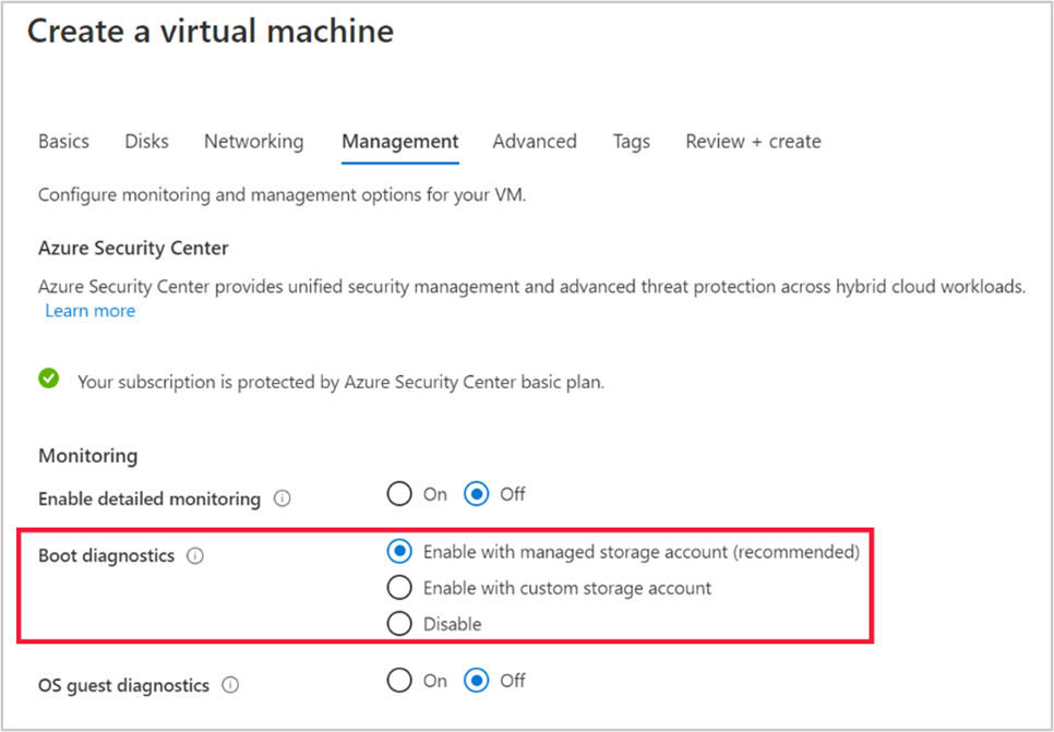 Captura de tela habilitando o diagnóstico de inicialização gerenciado durante a criação da VM.